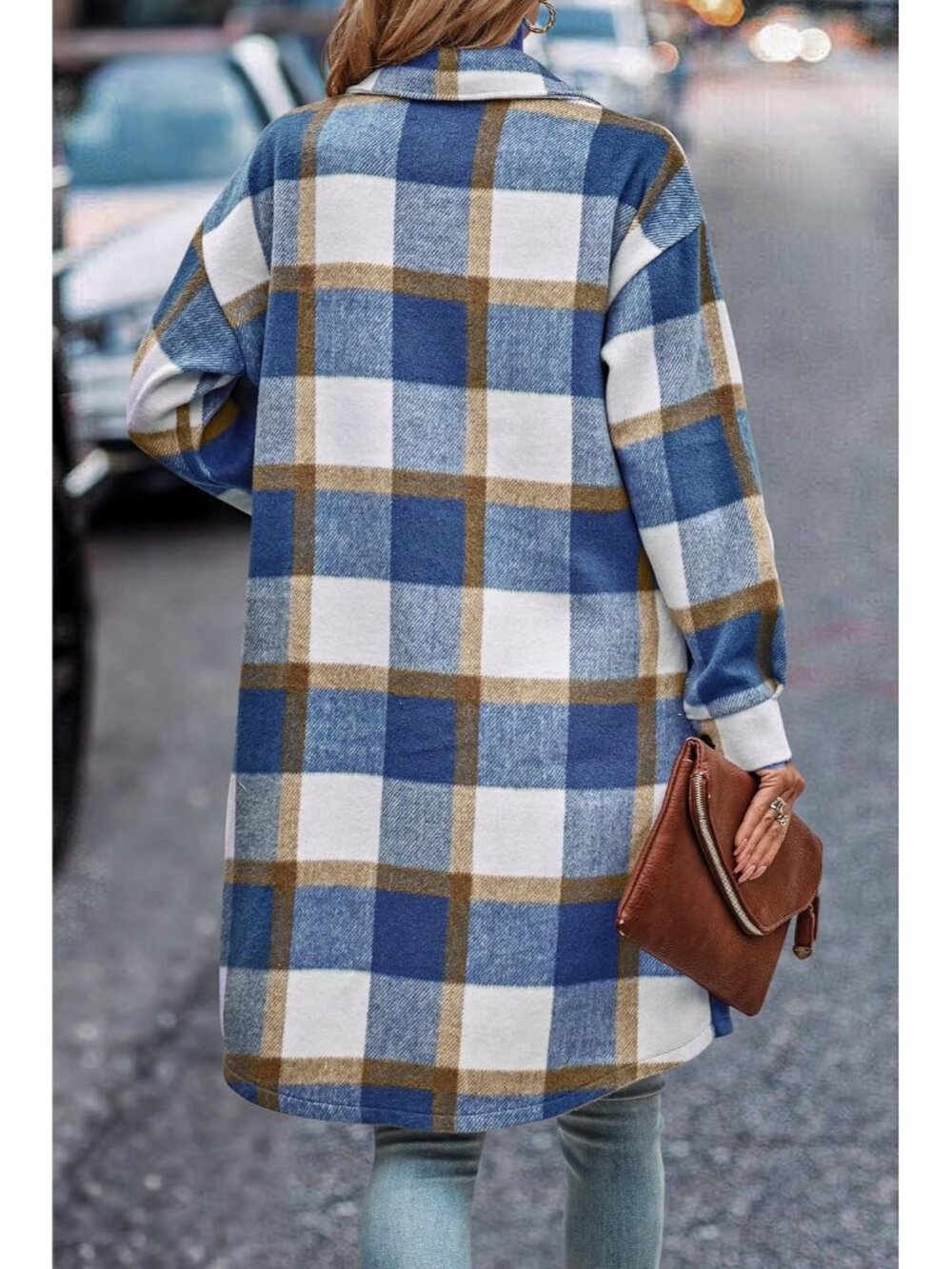 Women’s Plaid Blue White Long Sleeve Button Up Oversized Shacket Shirt Jacket - Picture 6 of 6